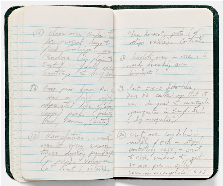 Sally Ride's Personal Diaries for STS-41-G, Describing Every Aspect of the Mission from Pre-Flight to Debrief -- ''...strange sensation when you 1st close your eyes: feel like you're still moving...''