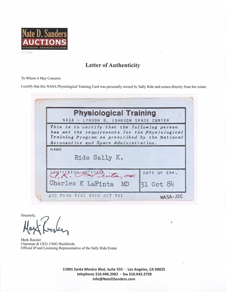 Sally Ride's Personally Owned NASA Physiological Training Card from 1984