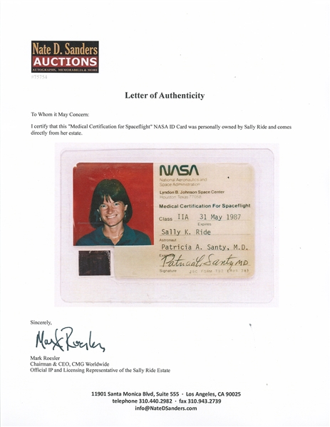 Sally Ride's Personally Owned ''Medical Certification for Spaceflight'' NASA ID Card