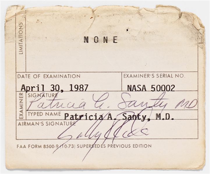 Sally Ride's Personally Owned and Signed NASA Medical Certificate