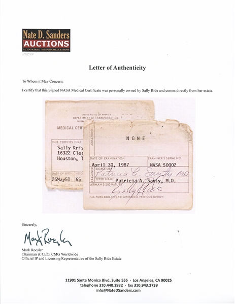 Sally Ride's Personally Owned and Signed NASA Medical Certificate