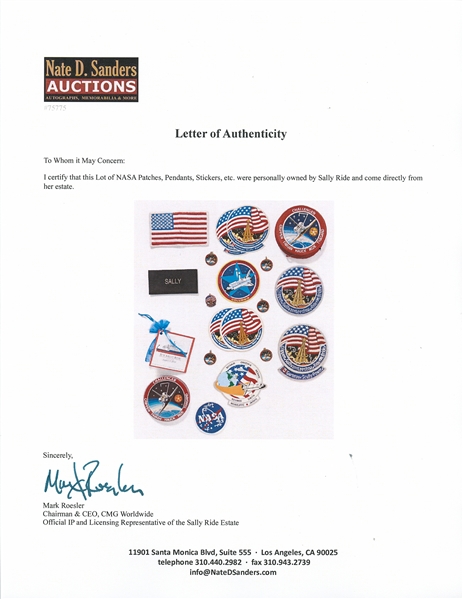 Large Collection of Sally Ride's Personally Owned NASA Patches, Pendants, Stickers & More -- Includes Ride's Possibly Space-Flown NASA Name Tag