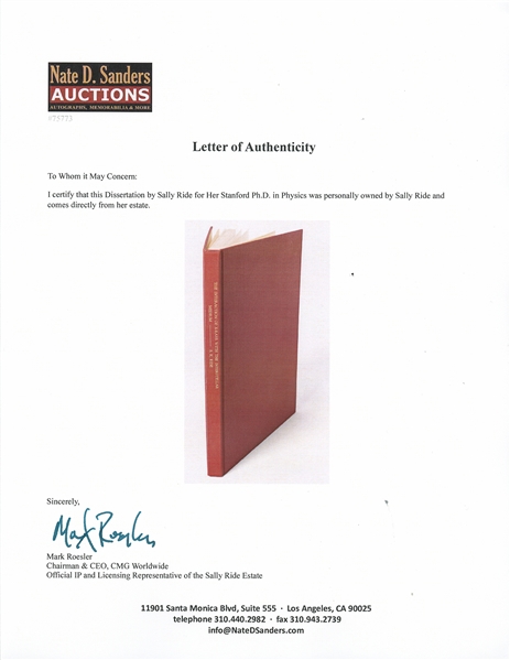 Sally Ride's Personally Owned Dissertation for Her Stanford Ph.D. in Physics -- ''The Interaction of X-Rays With the Interstellar Medium''