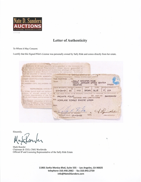 Sally Ride's Personally Owned and Signed Pilot's License -- With Part of the Shirt Worn by Ride During Her Certifying Flight