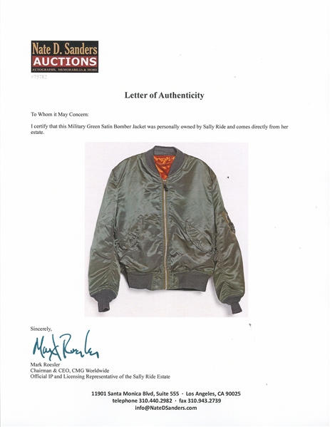 Sally Ride's Personally Owned Military Green Satin Bomber Jacket