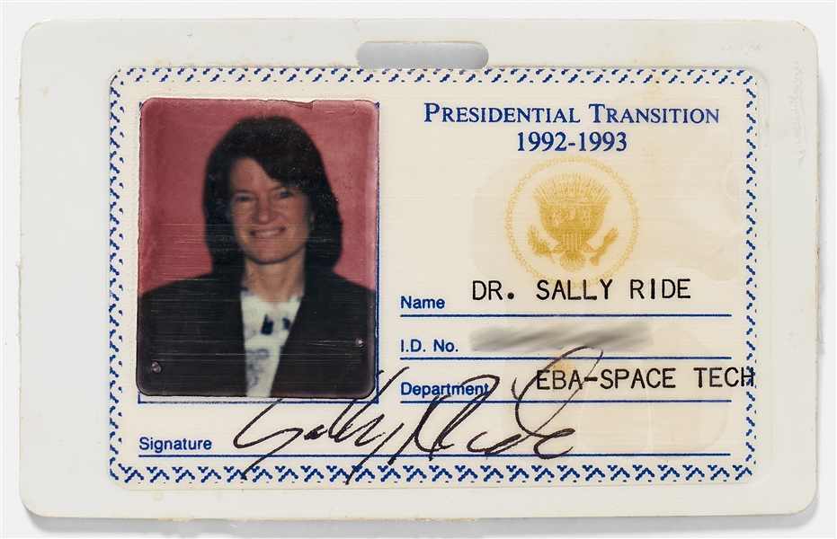 Sally Ride's Personally Owned and Signed ID Badge for Bill Clinton's Presidential Transition Team