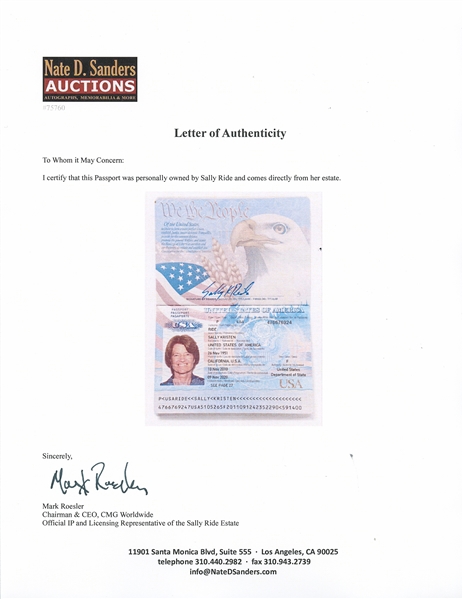 Sally Ride's Personally Owned and Signed Passport