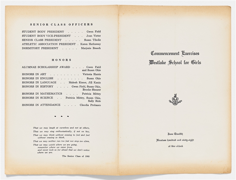 Large Lot of Items Personally Owned by Sally Ride -- Includes Her High School Graduation Program, Tennis Achievements, Stanford Keepsakes, Business Cards & More