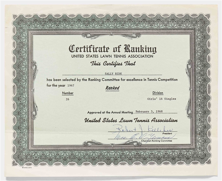 Large Lot of Items Personally Owned by Sally Ride -- Includes Her High School Graduation Program, Tennis Achievements, Stanford Keepsakes, Business Cards & More