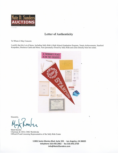 Large Lot of Items Personally Owned by Sally Ride -- Includes Her High School Graduation Program, Tennis Achievements, Stanford Keepsakes, Business Cards & More