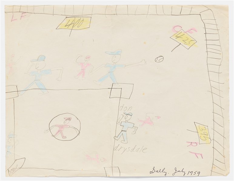 Sally Ride's Personally Owned Childhood Drawings of Baseball and the L.A. Dodgers