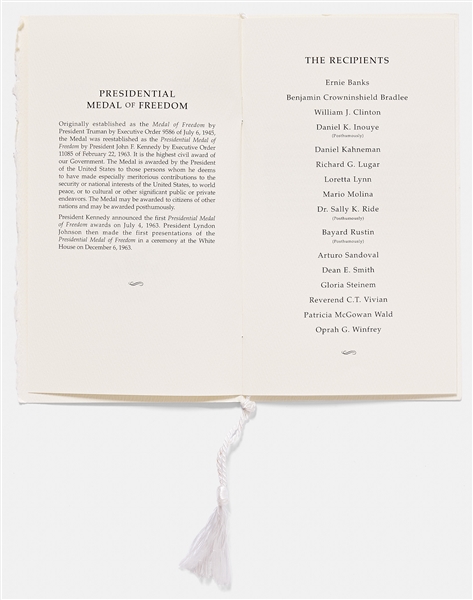 Presidential Medal of Freedom Certificate Awarded to Sally Ride -- Plus Invitations and Programs Related to the Ceremony