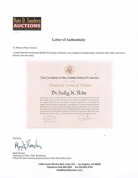 Presidential Medal of Freedom Certificate Awarded to Sally Ride -- Plus Invitations and Programs Related to the Ceremony