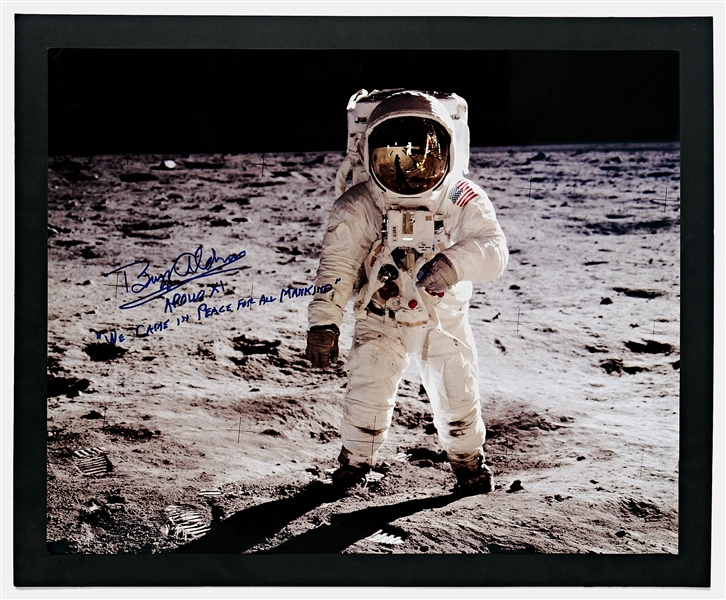 Buzz Aldrin Signed 20'' x 16'' ''Visor'' Photo -- ''We Came in Peace for all Mankind''