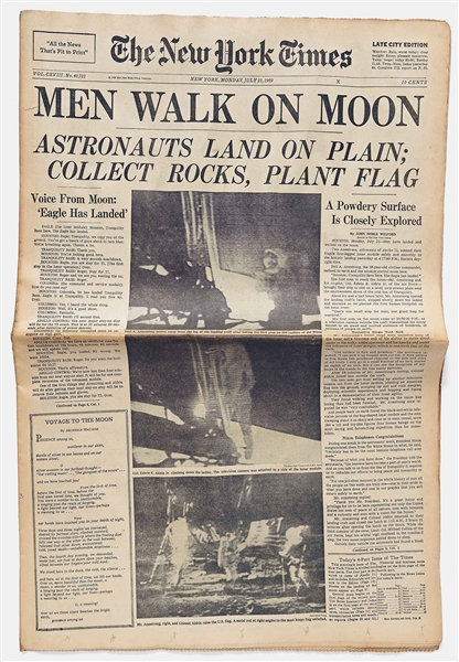 ''New York Times'' Newspaper From 21 July 1969 Reporting on the Apollo 11 Moon Landing -- Includes Special Supplement ''Man and the Moon''