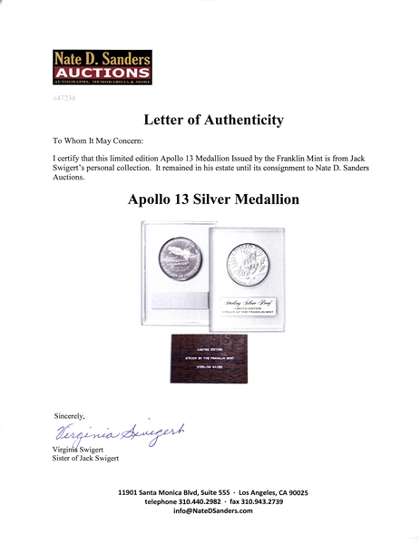 Jack Swigert's Personally Owned Apollo 13 Medallion Issued by the Franklin Mint