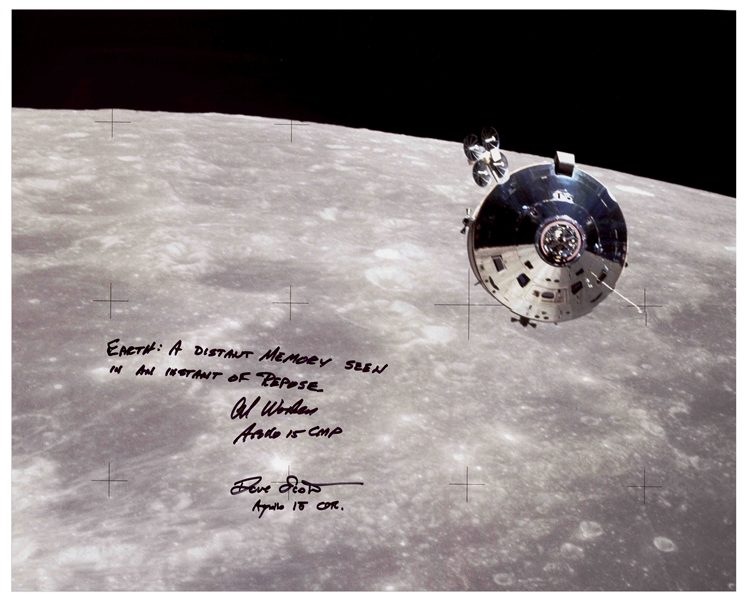 Al Worden & Dave Scott Signed 20'' x 16'' Photo of the Apollo 15 Command Module Against the Moon -- Worden Additionally Writes ''Earth: A distant memory seen in an instant of repose''