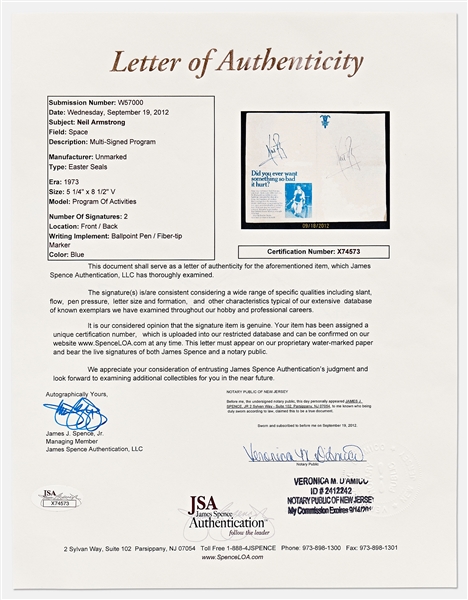 Neil Armstrong Twice-Signed Easter Seals Program -- With JSA COA