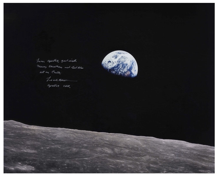 Frank Borman Signed 20'' x 16'' ''Earthrise'' Photo -- ''...Good night, Merry Christmas and God Bless all on Earth...''