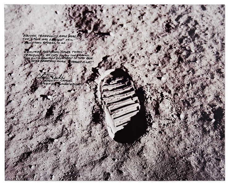 Charlie Duke Signed 20'' x 16'' Photo of the Famous Apollo 11 ''Footprint'' -- Duke Served as Apollo 11 CAPCOM and Describes the Moment When the Eagle Touched Down on the Moon
