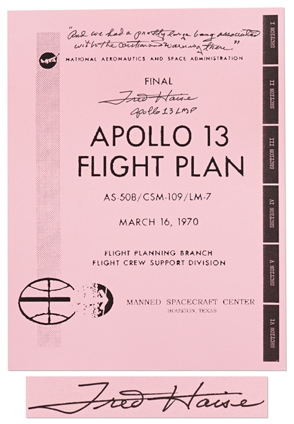 Fred Haise Signed Copy of the Apollo 13 Flight Plan -- With a Handwritten Quote by Haise Regarding the ''Big Bang'' Explosion that Almost Doomed the Crew