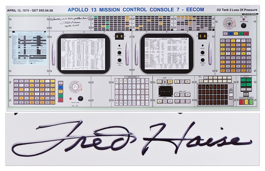Fred Haise Signed Apollo 13 Mission Control Console Print -- Measures 14'' x 34''