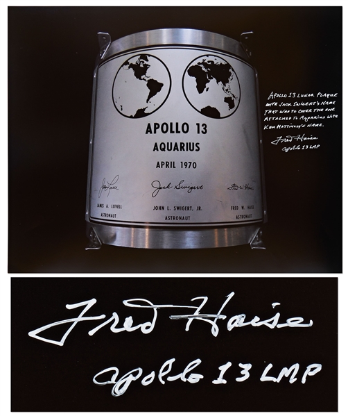 Fred Haise Signed 20'' x 16'' Photo of the Apollo 13 Lunar Plaque -- Haise Mentions How Jack Swigert Replaced Ken Mattingly on the Mission