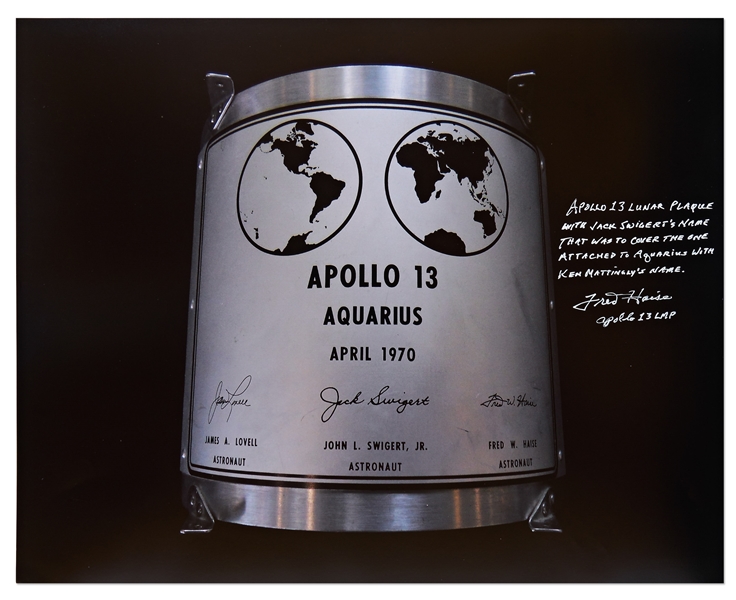 Fred Haise Signed 20'' x 16'' Photo of the Apollo 13 Lunar Plaque -- Haise Mentions How Jack Swigert Replaced Ken Mattingly on the Mission