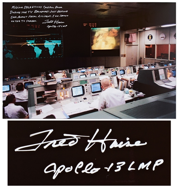 Fred Haise Signed 20'' x 16'' Photo of NASA Mission Control During the Apollo 13 Mission -- Photo Was Taken ''just before our almost fatal accident''