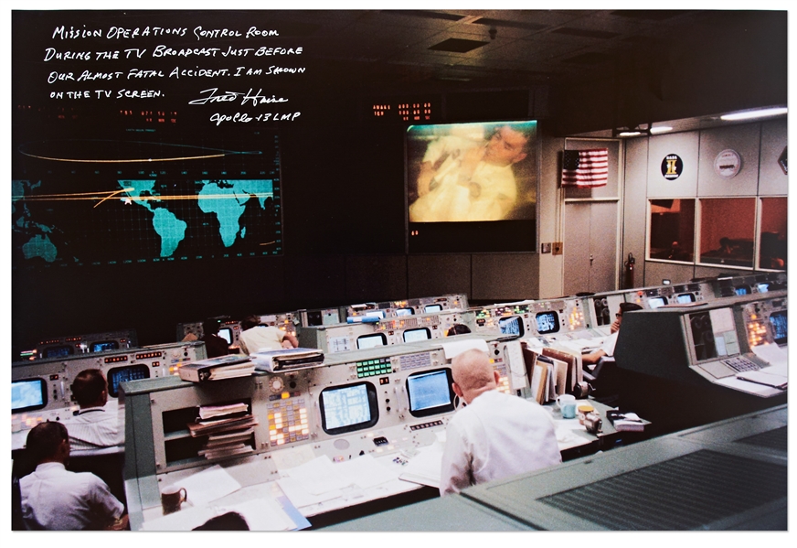Fred Haise Signed 20'' x 16'' Photo of NASA Mission Control During the Apollo 13 Mission -- Photo Was Taken ''just before our almost fatal accident''