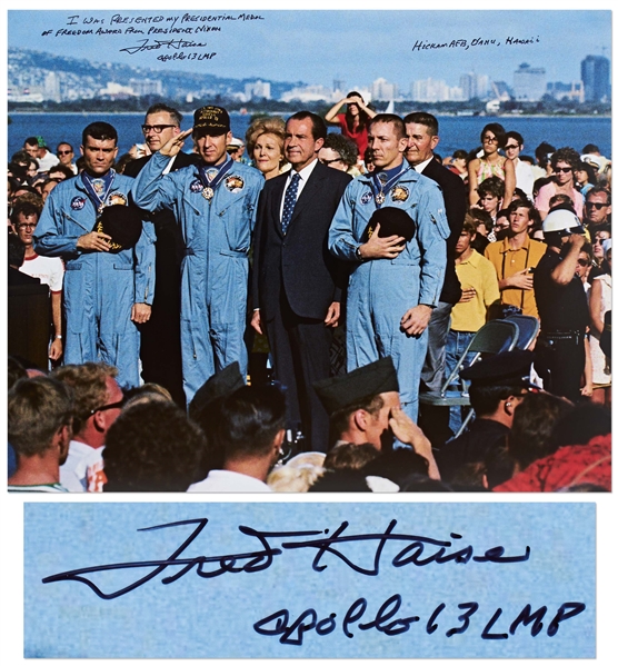 Fred Haise Signed 20'' x 16'' Photo of the Apollo 13 Crew Accepting the Presidential Medal of Freedom Award