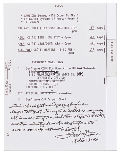 Fred Haise Signed Apollo 13 Flight Notes, ''a record of the real time steps that NASA & the industry team developed for us to ensure our safe return to Earth!''