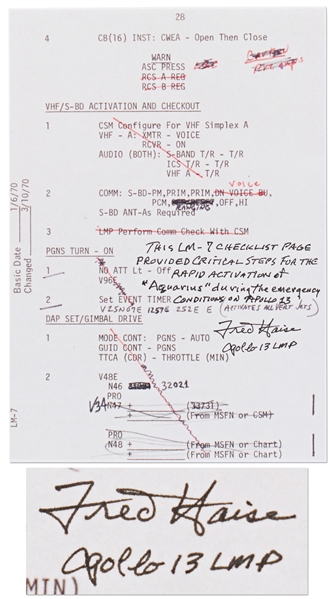 Fred Haise Signed Apollo 13 Flight Notes ''for rapid activation of 'Aquarius' during the emergency conditions on Apollo 13!''
