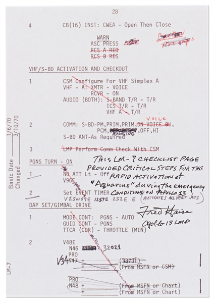 Fred Haise Signed Apollo 13 Flight Notes ''for rapid activation of 'Aquarius' during the emergency conditions on Apollo 13!''