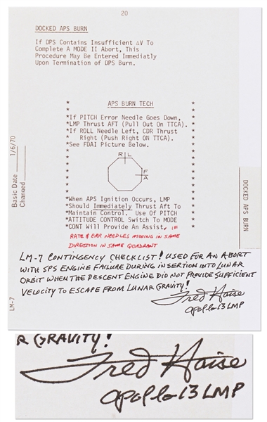 Fred Haise Signed Lunar Module Contingency Checklist Used to Escape from Lunar Gravity -- With Handwritten Statement by the Apollo 13 LMP