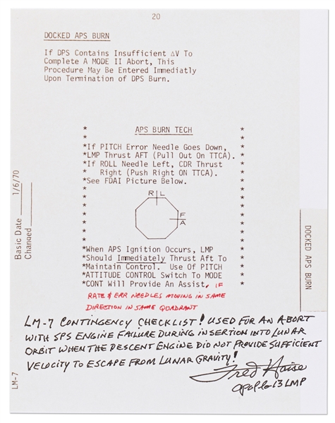 Fred Haise Signed Lunar Module Contingency Checklist Used to Escape from Lunar Gravity -- With Handwritten Statement by the Apollo 13 LMP