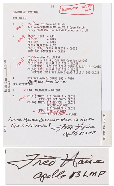 Fred Haise Signed Apollo 13 ''Lunar Module checklist...to allow quick activation!''
