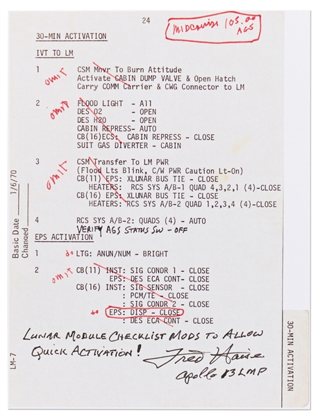 Fred Haise Signed Apollo 13 ''Lunar Module checklist...to allow quick activation!''