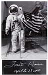 Gorgeous 20 x 16 Photo of James Lovell in His White Spacesuit with the U.S. Flag -- Signed by Apollo 13 LMP Fred Haise Who Writes, Apollo 13 Practicing Planting the American Flag on the Moon
