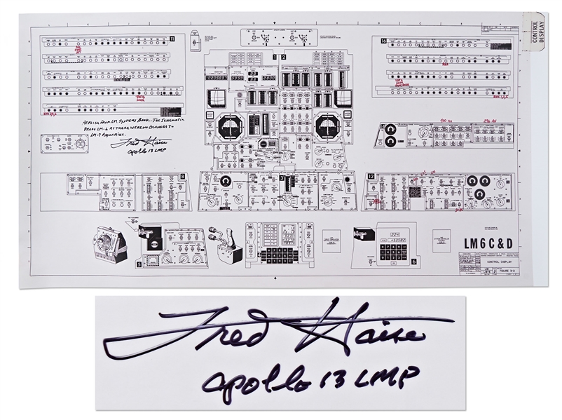 Fred Haise Signed Copy of the Lunar Module Schematic -- Measures 28'' x 14.5''