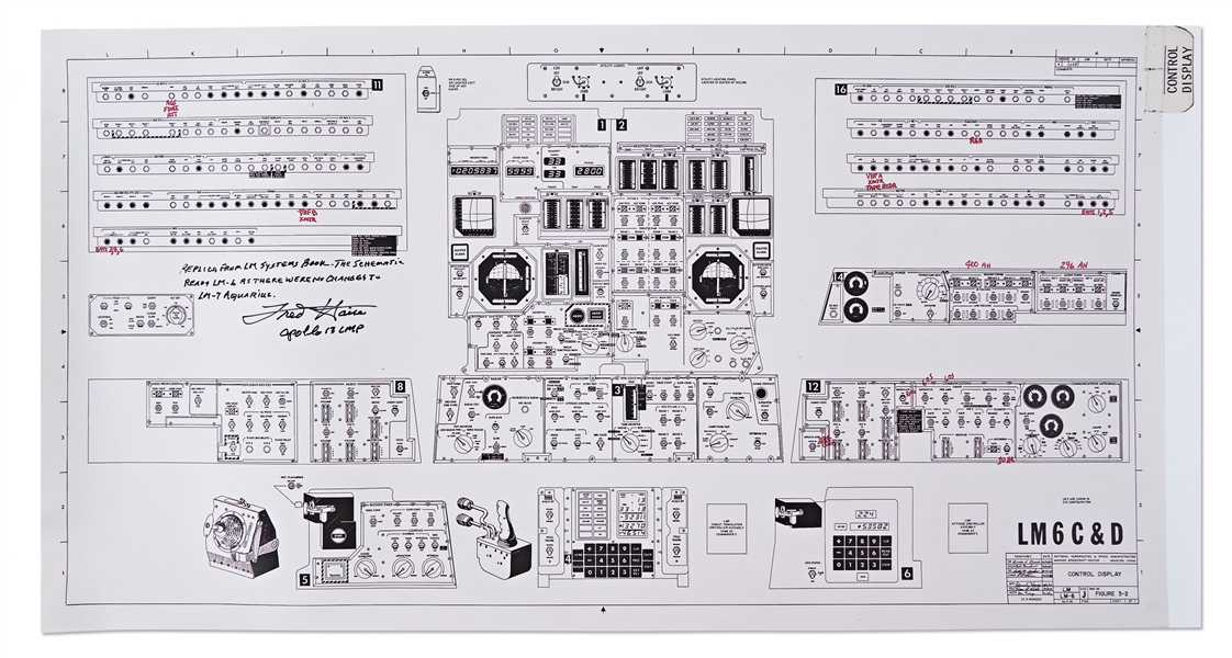 Fred Haise Signed Copy of the Lunar Module Schematic -- Measures 28'' x 14.5''