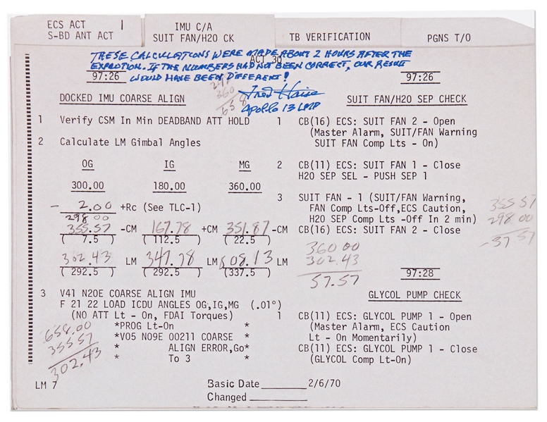 Fred Haise Signed Apollo 13 Flight Plan Notes -- With Additional Writing by Haise on Their Significance, Noting that ''our recovery could have been different!''