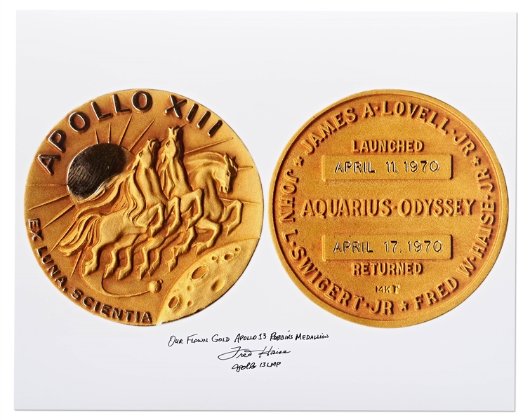 Fred Haise Signed 20'' x 16'' Photo of the Apollo 13 Gold Robbins Medal