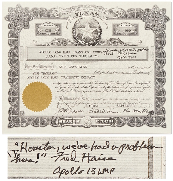 Fred Haise Signed Souvenir Stock Certificate for the Apollo Long Haul Transport Company -- Haise Signs the Gag Certificate, ''Houston we've had a problem here!''
