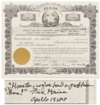 Fred Haise Signed Souvenir Stock Certificate for the Apollo Long Haul Transport Company -- Haise Signs the Gag Certificate, Houston weve had a problem here!