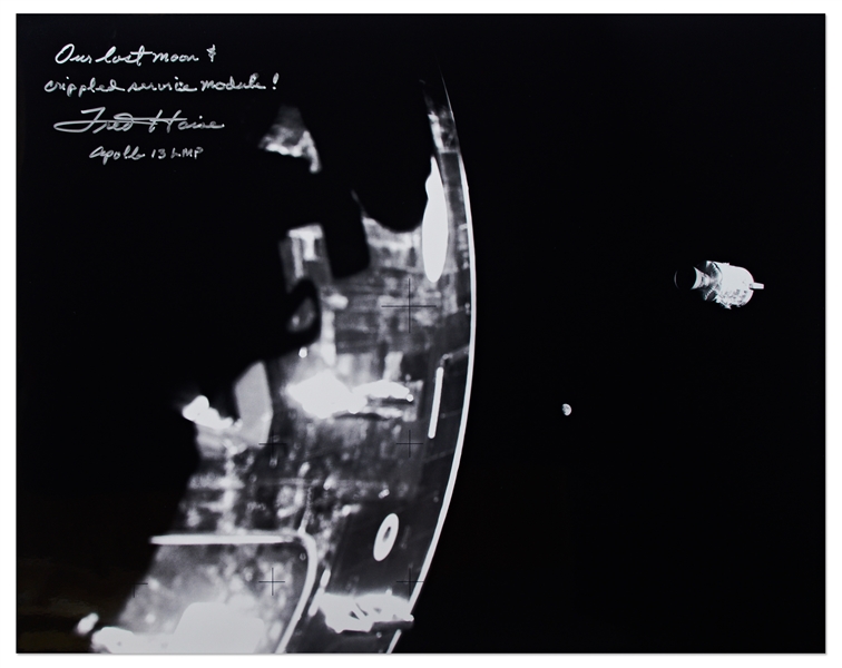 Dramatic 20'' x 16'' Photo Signed by Fred Haise, Showing the Apollo 13 Damaged Service Module & ''Our Lost Moon'' in the Far Distance