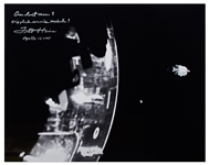 Dramatic 20 x 16 Photo Signed by Fred Haise, Showing the Apollo 13 Damaged Service Module & Our Lost Moon in the Far Distance