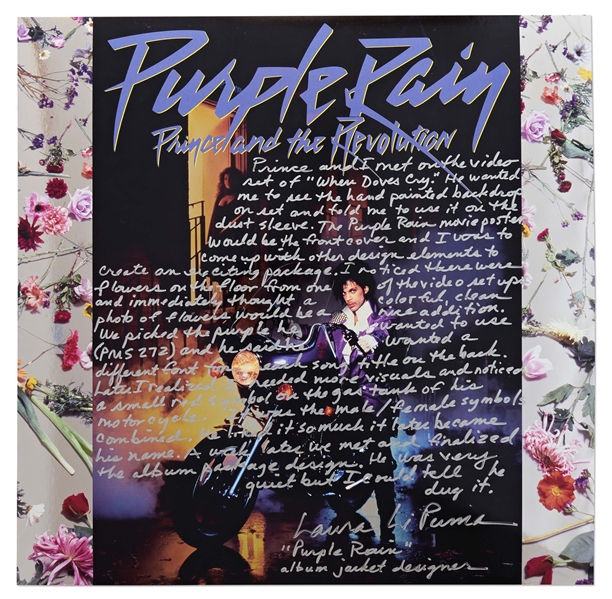 "Purple Rain" Designer Laura LiPuma Signed Album Cover with Handwritten Details on Its Iconic Design -- "We picked the purple he wanted to use (PMS 272)"
