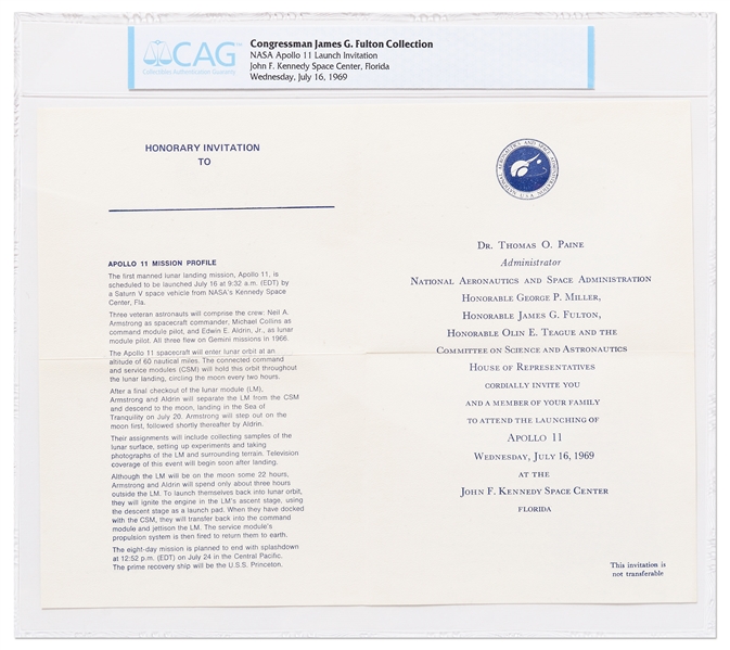 Original Apollo 11 Launch Invitation -- Encapsulated by CAG