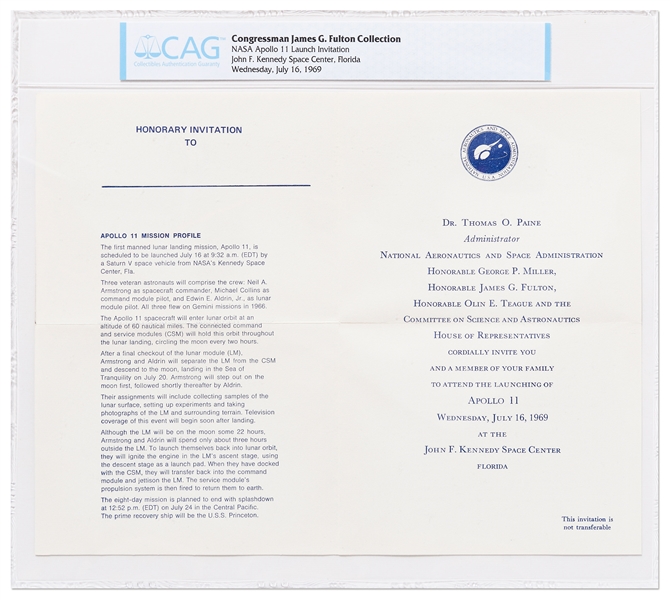 Original Apollo 11 Launch Invitation -- Encapsulated by CAG